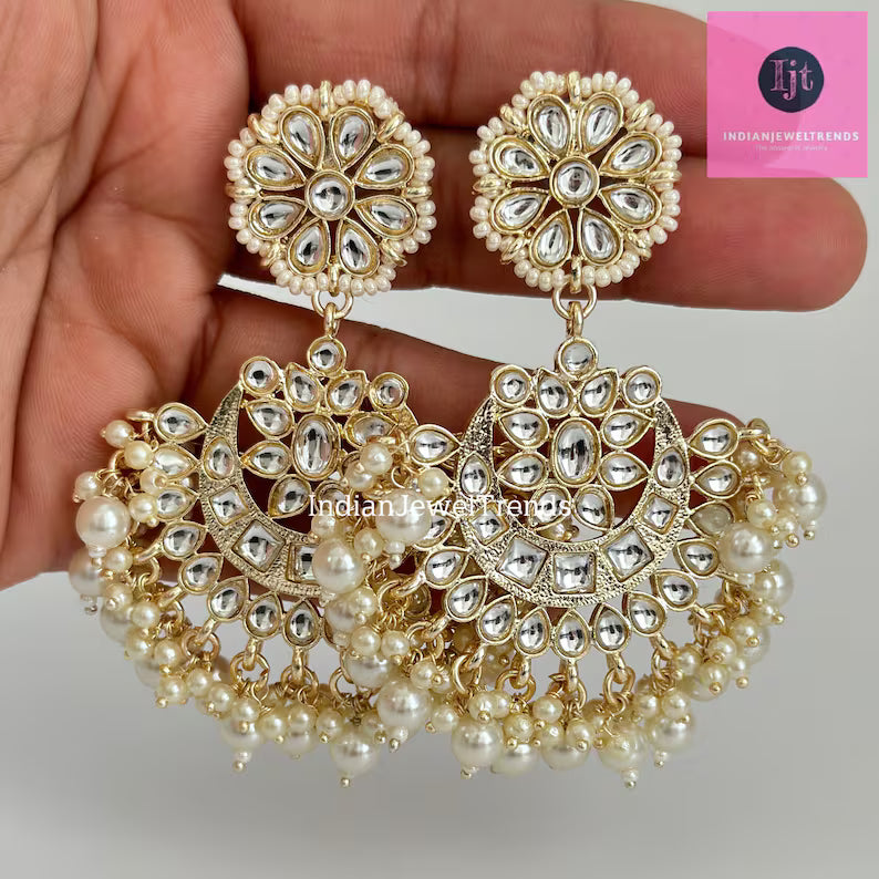 White gold Pearl Kundan chandbali Earrings, White chandbali earrings, Indian pakistani wedding jewelry, bridesmaid gift