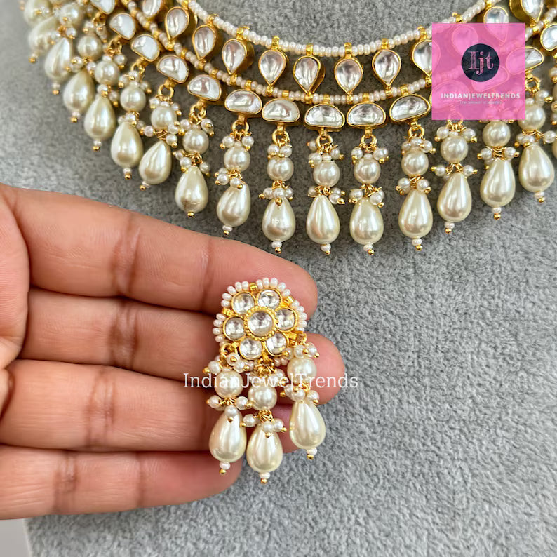 White Pacchi Kundan Pearl Necklace, Indian Punjabi Pakistani wedding necklace Jewelry, Bridal Jewelry
