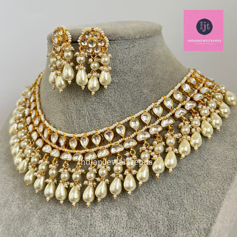 White Pacchi Kundan Pearl Necklace, Indian Punjabi Pakistani wedding necklace Jewelry, Bridal Jewelry