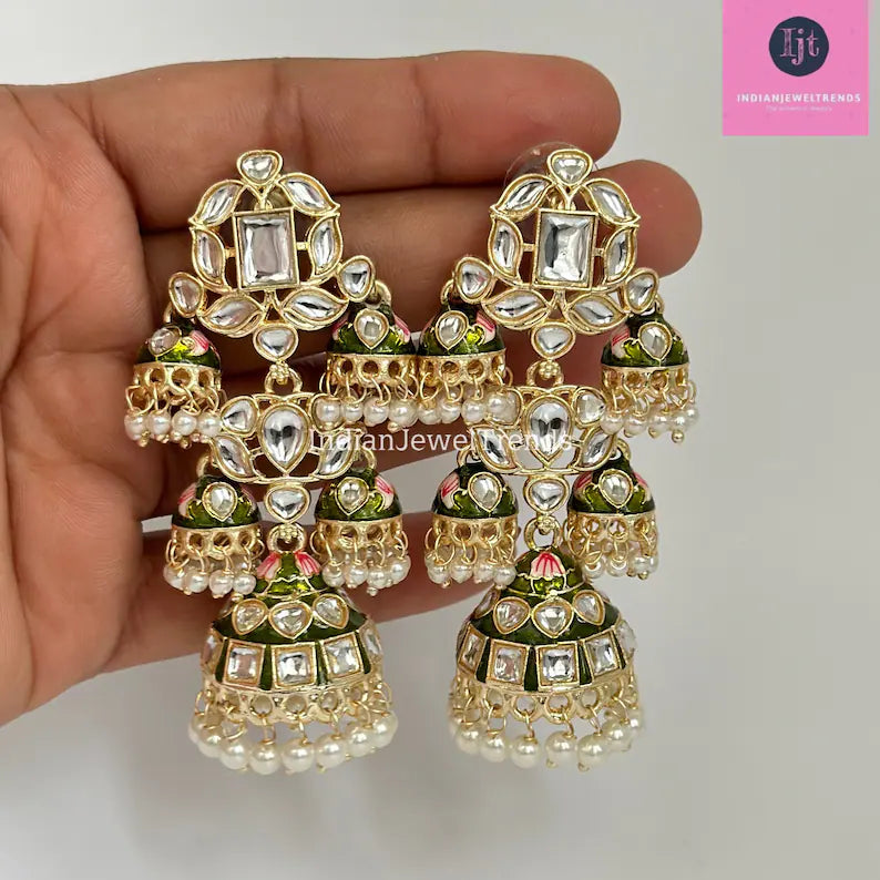 Bahubali Gold Pearl Meenakari Kundan Indian Long Jhumka earrings, Bollywood punjabi pakistani earrings for wedding jewelry