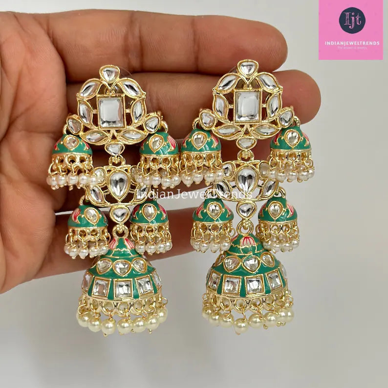 Bahubali Gold Pearl Meenakari Kundan Indian Long Jhumka earrings, Bollywood punjabi pakistani earrings for wedding jewelry