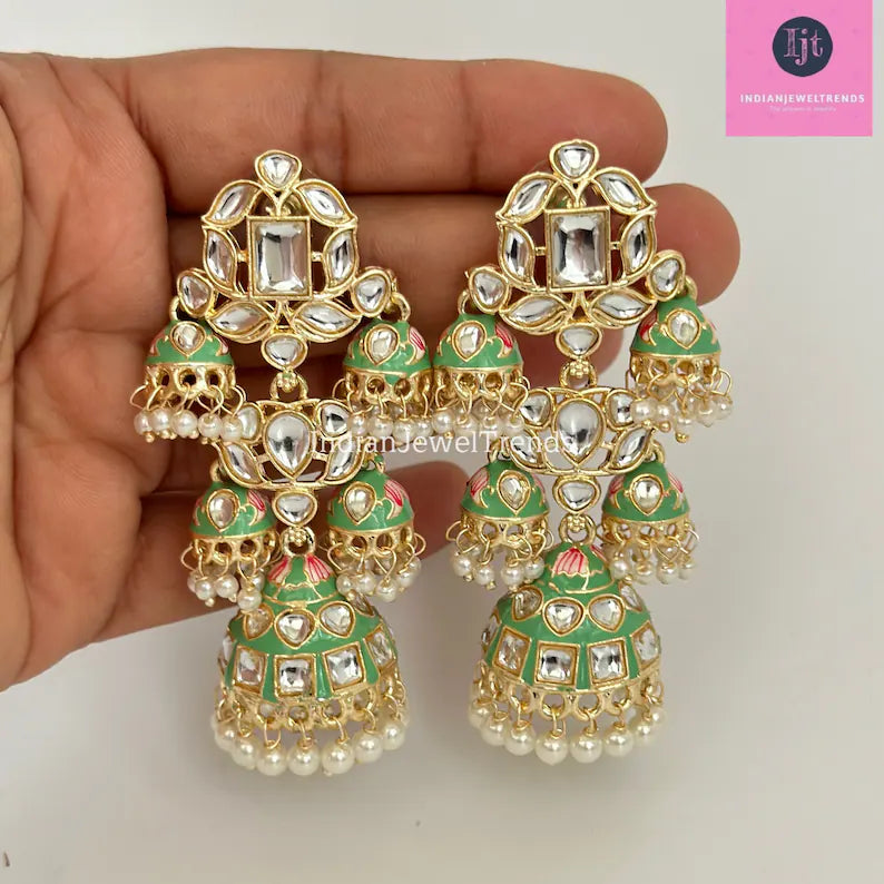 Bahubali Gold Pearl Meenakari Kundan Indian Long Jhumka earrings, Bollywood punjabi pakistani earrings for wedding jewelry