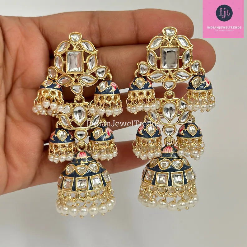 Bahubali Gold Pearl Meenakari Kundan Indian Long Jhumka earrings, Bollywood punjabi pakistani earrings for wedding jewelry