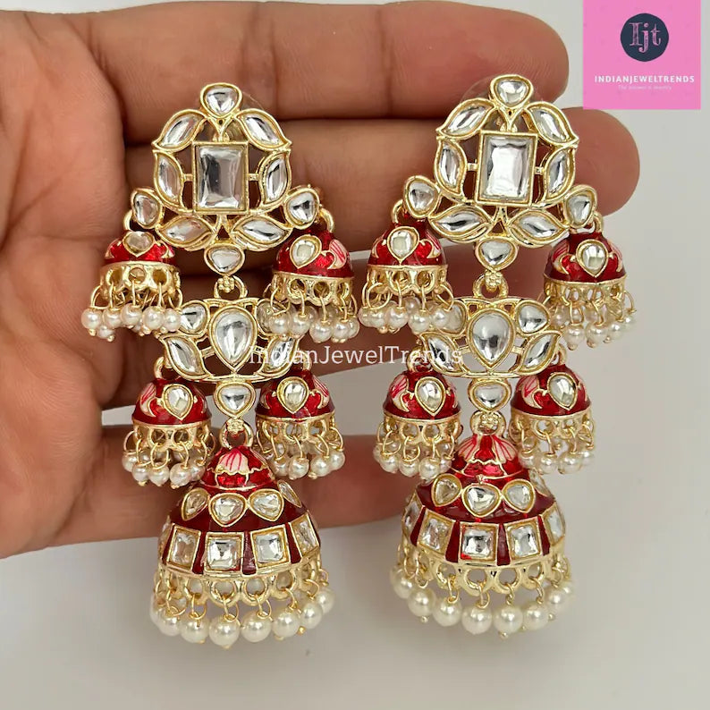 Bahubali Gold Pearl Meenakari Kundan Indian Long Jhumka earrings, Bollywood punjabi pakistani earrings for wedding jewelry