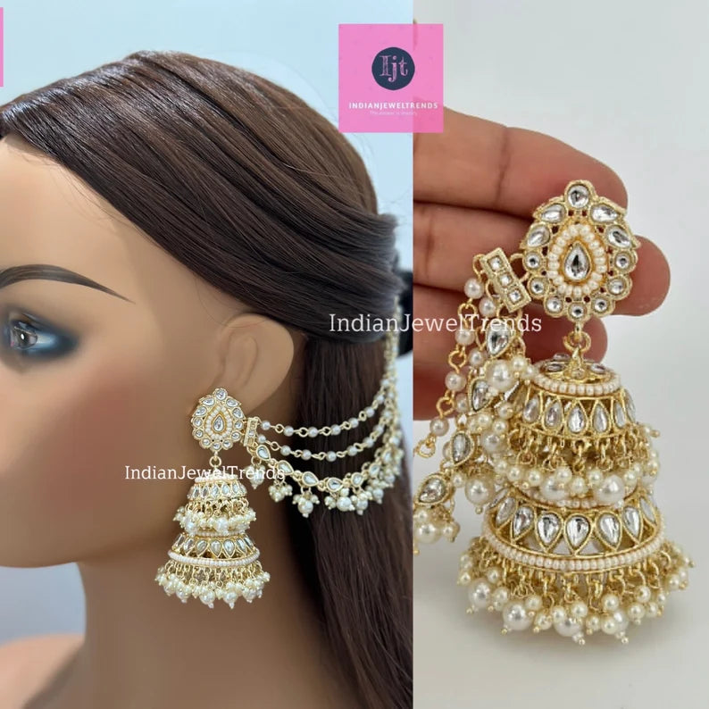 Bahubali Kundan Pearl Jhumka/stone Jhumka/Indian Jewelry/Pakistani/Punjabi/Indian/Statement earring/Bridal earrings/Indian wedding jewelry