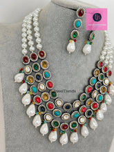 Navratan uncut Polki Pearl Kundan Necklace/Indian Long Necklace/Statement Long Necklace/Semi Precious Necklace/Rani Haar Premium Quality