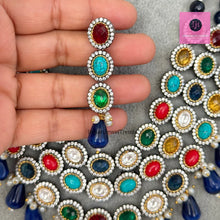 Sapphire Premium Quality uncut Polki Kundan Navratan Necklace/Indian Long Necklace/Statement Long Necklace/Semi Precious Necklace/Rani Haar