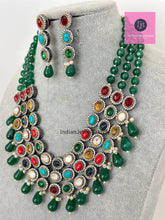 Emerald Premium Quality uncut Polki Kundan Navratan Necklace/Indian Long Necklace/Statement Long Necklace/Semi Precious Necklace/Rani Haar