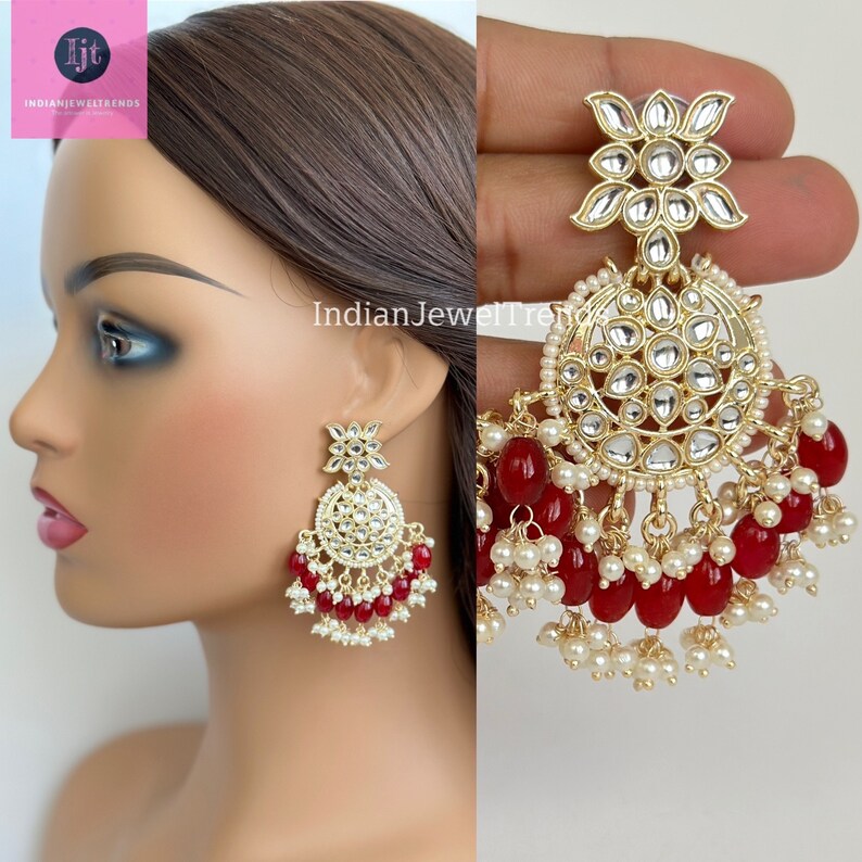 Bollywood gold Kundan chandbali Earrings, bridesmaid earrings, Indian pakistani earrings for wedding