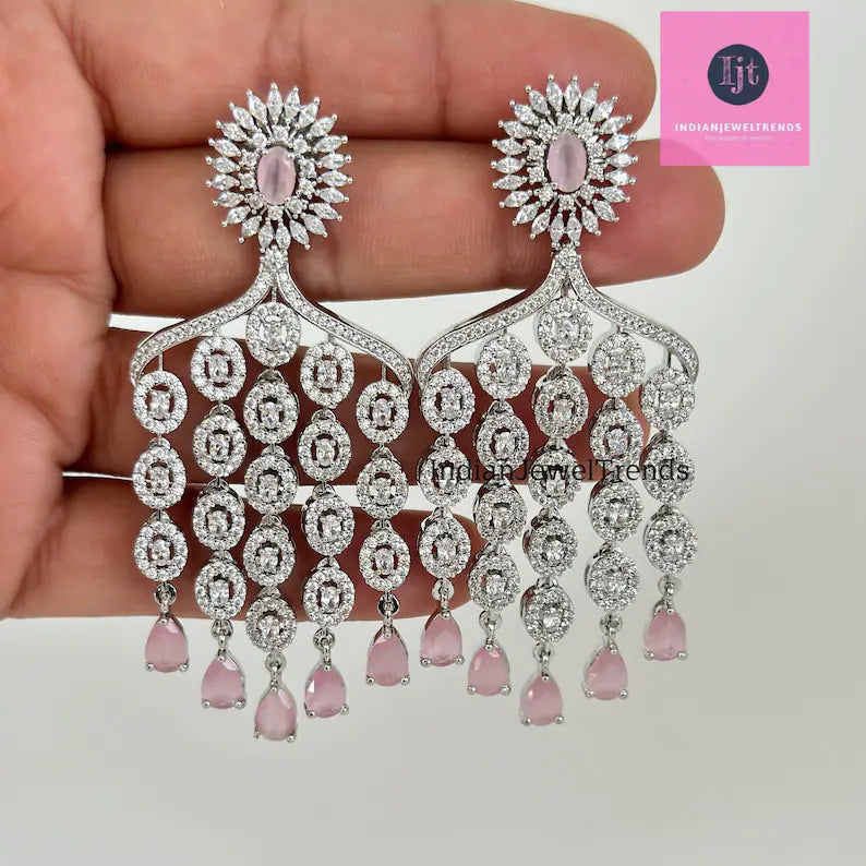 CZ diamond earrings, Silver diamond earrings, Cocktail earrings, Party wear jewelry, Indian pakistani jewelry for wedding