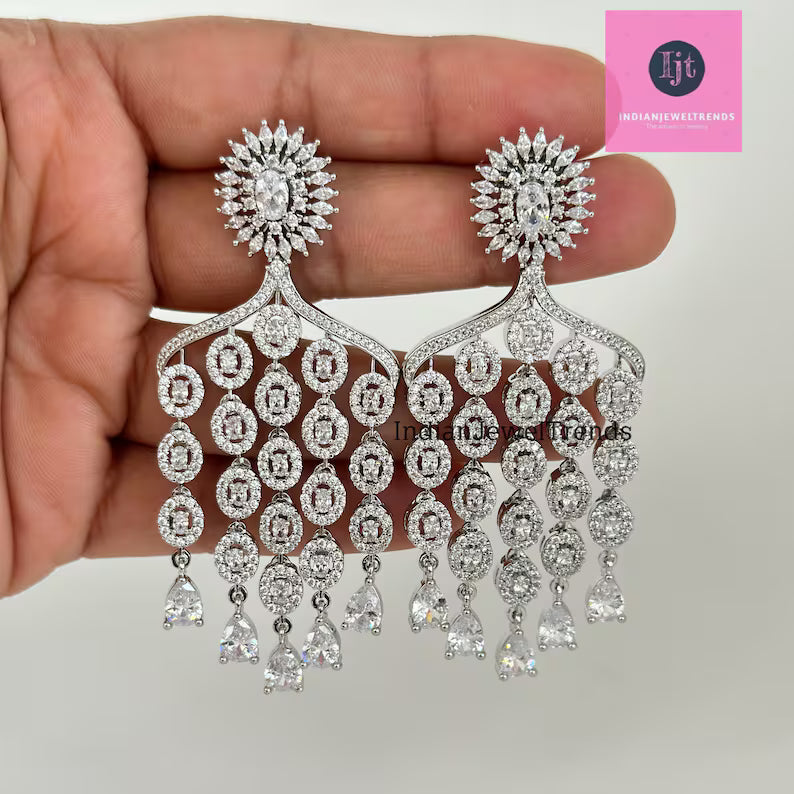 CZ diamond earrings, Silver diamond earrings, Cocktail earrings, Party wear jewelry, Indian pakistani jewelry for wedding