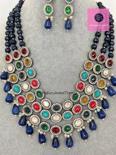 Sapphire Premium Quality uncut Polki Kundan Navratan Necklace/Indian Long Necklace/Statement Long Necklace/Semi Precious Necklace/Rani Haar