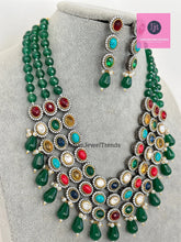 Emerald Premium Quality uncut Polki Kundan Navratan Necklace/Indian Long Necklace/Statement Long Necklace/Semi Precious Necklace/Rani Haar