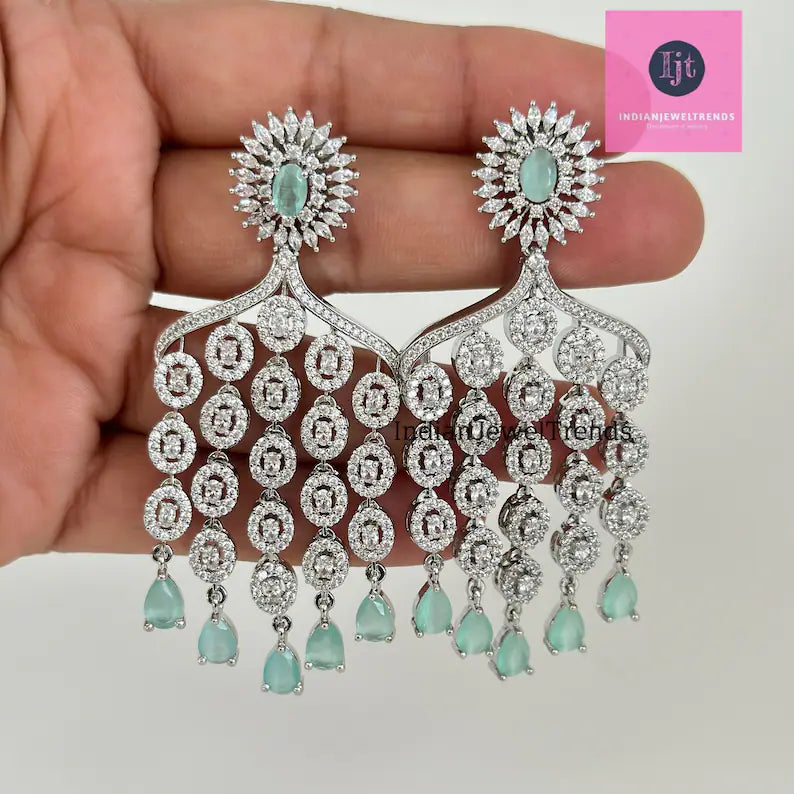 CZ diamond earrings, Silver diamond earrings, Cocktail earrings, Party wear jewelry, Indian pakistani jewelry for wedding