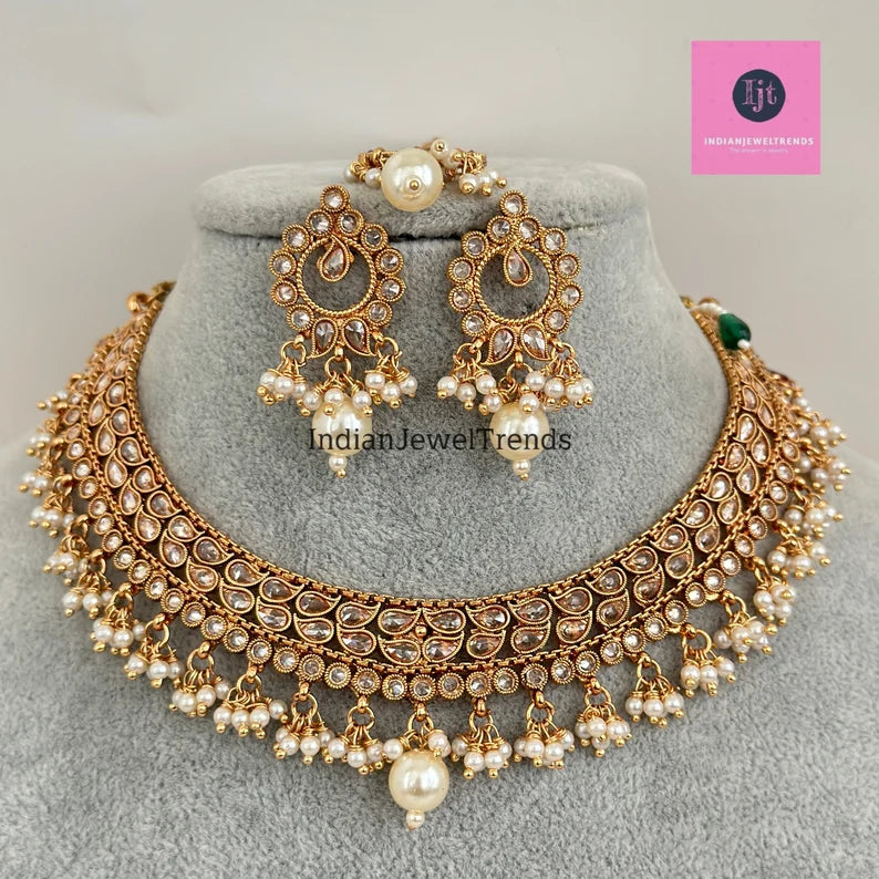 Gold Polki Kundan necklace/South Indian Jewelry/Temple Jewelry/Guttapusalu Necklace/Wedding necklace/Bridal necklace/Indian necklace