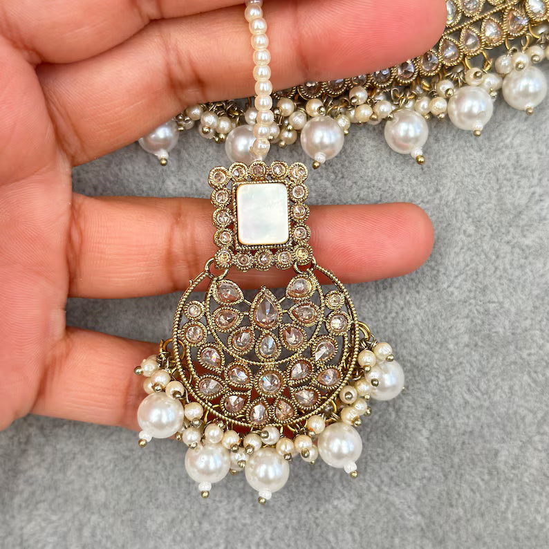 White Antique Polki Kundan Pearl Necklace, bridal, Indian Wedding Jewelry