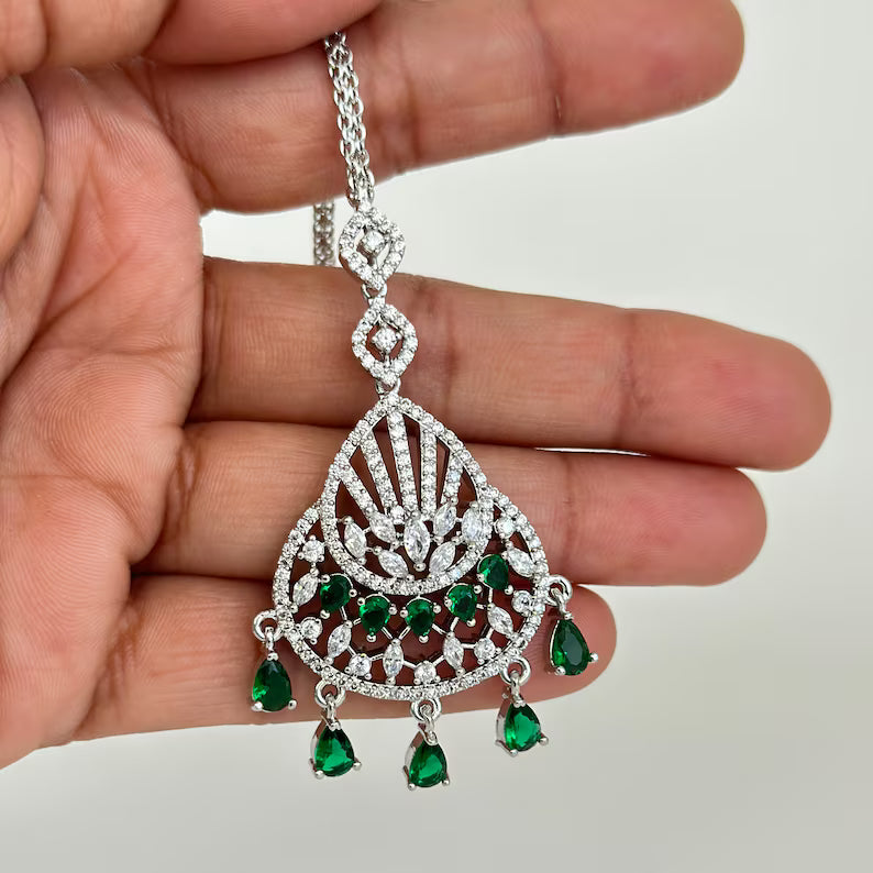 American Diamond Maang tikka/Indian Jewelry/ Indian Wedding Jewelry/ Pakistani Jewelry/ Jhoomer/ Matha patti/ Indian forehead jewelry