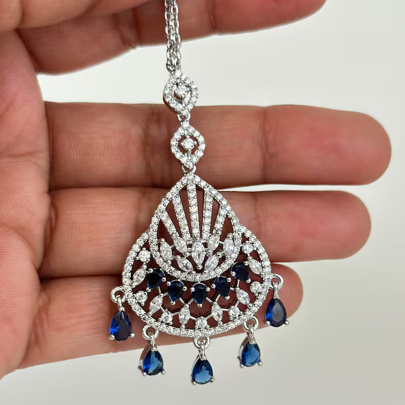 American Diamond Maang tikka/Indian Jewelry/ Indian Wedding Jewelry/ Pakistani Jewelry/ Jhoomer/ Matha patti/ Indian forehead jewelry