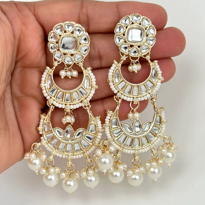 Bollywood Kundan Earrings/Indian Earrings/pearl Earring/Pakistani Earrings/Statement Earrings/Long chandelier/bridal earrings/Indian wedding