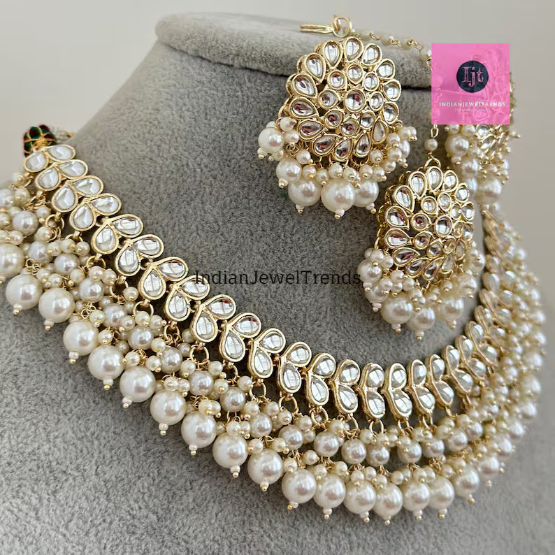 White Pearl Kundan Necklace Set/Kundan Choker/ Bollywood Jewelry/ Indian jewelry/ Pakistani necklace/ punjabi necklace/bridal/indian wedding