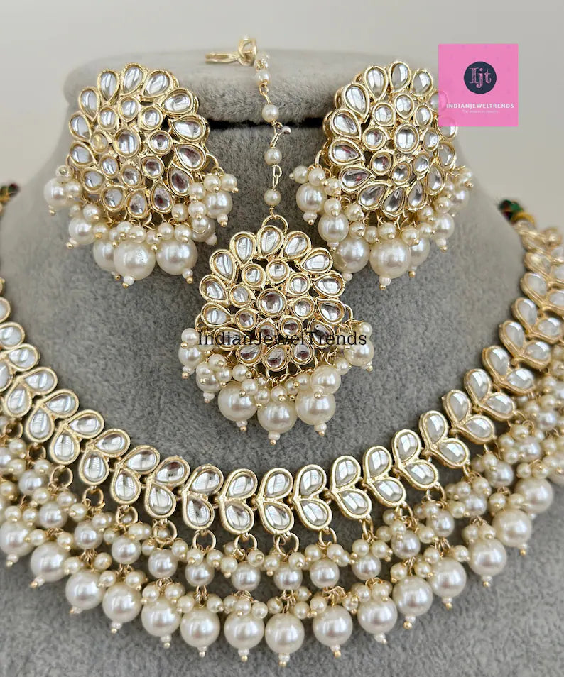 White Pearl Kundan Necklace Set/Kundan Choker/ Bollywood Jewelry/ Indian jewelry/ Pakistani necklace/ punjabi necklace/bridal/indian wedding