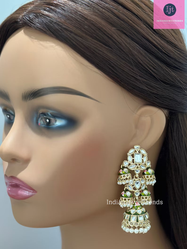 Bahubali Gold Pearl Meenakari Kundan Indian Long Jhumka earrings, Bollywood punjabi pakistani earrings for wedding jewelry