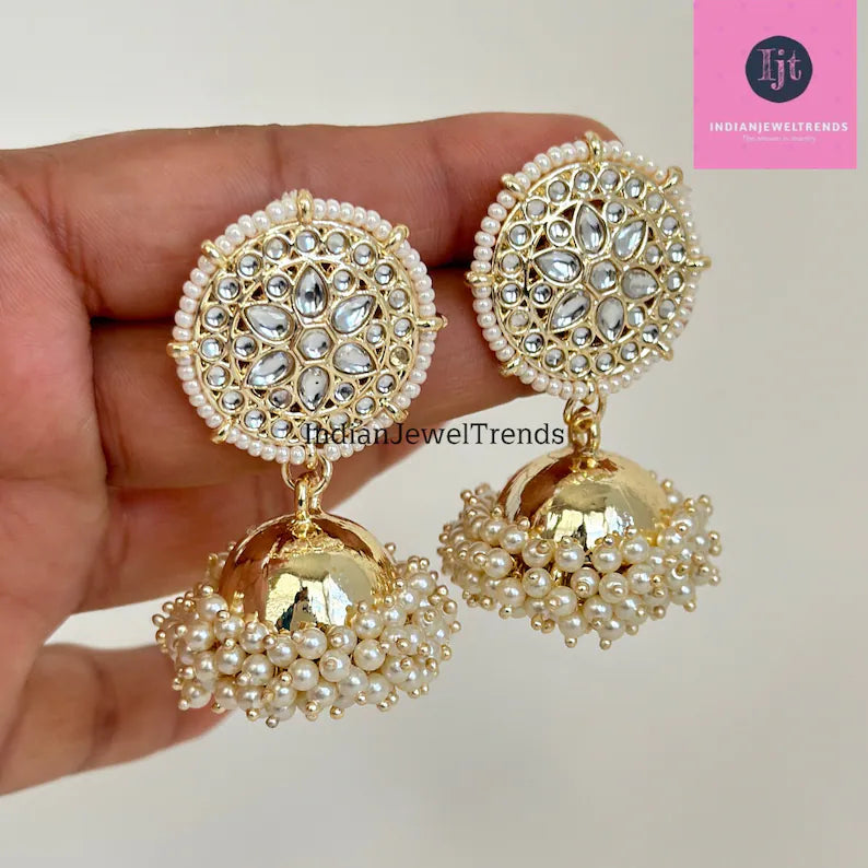 White Gold Pearl Jhumka with sahare/Punjabi Jewelry/Bollywood Jewelry/Gold Kundan Jhumkas/TrendyJhumka Earring/Indian Jewelry/Pakistani
