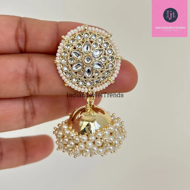 White Gold Pearl Jhumka with sahare/Punjabi Jewelry/Bollywood Jewelry/Gold Kundan Jhumkas/TrendyJhumka Earring/Indian Jewelry/Pakistani