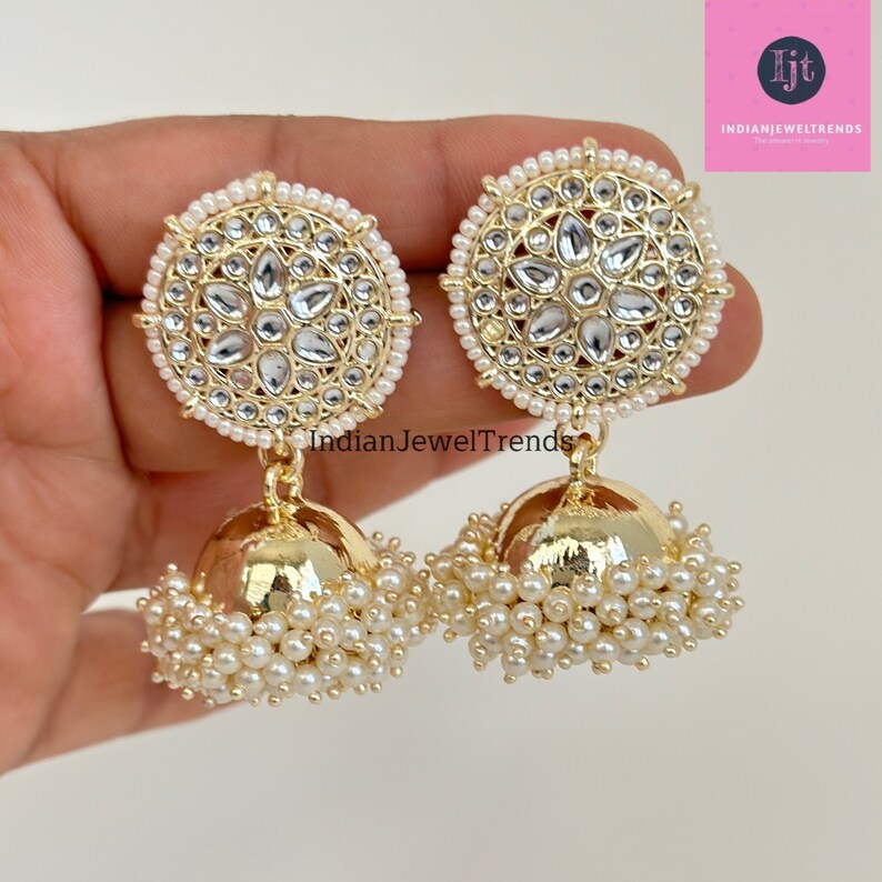 White Gold Pearl Jhumka with sahare/Punjabi Jewelry/Bollywood Jewelry/Gold Kundan Jhumkas/TrendyJhumka Earring/Indian Jewelry/Pakistani