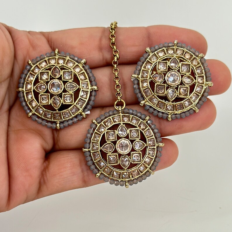 Clearance**Polki Kundan Tikka w/Earring Set/Indian Bridal Maang Tikka/Teeka/Tika Headpiece/Handmade Pearl Jewelry For Women ** Final Sale**