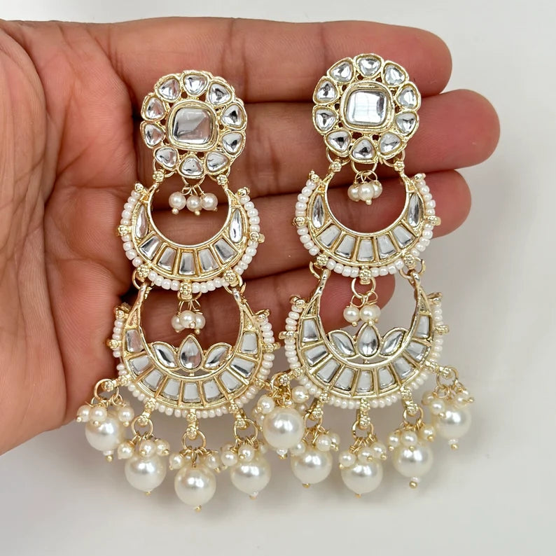 Bollywood Kundan Earrings/Indian Earrings/pearl Earring/Pakistani Earrings/Statement Earrings/Long chandelier/bridal earrings/Indian wedding