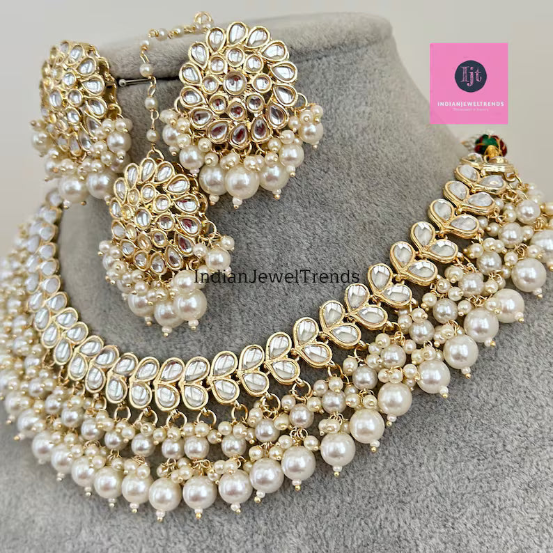 White Pearl Kundan Necklace Set/Kundan Choker/ Bollywood Jewelry/ Indian jewelry/ Pakistani necklace/ punjabi necklace/bridal/indian wedding