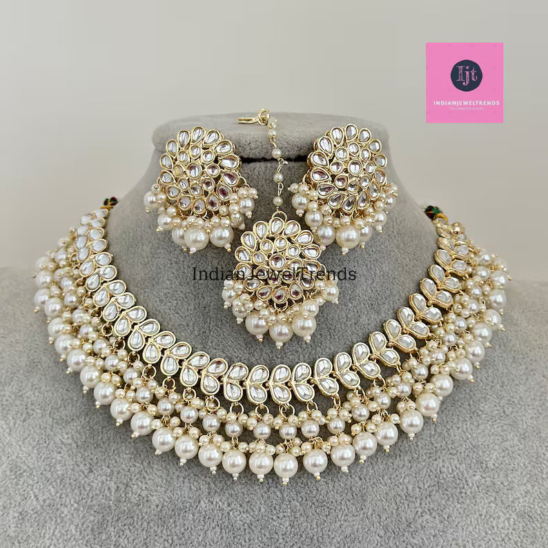White Pearl Kundan Necklace Set/Kundan Choker/ Bollywood Jewelry/ Indian jewelry/ Pakistani necklace/ punjabi necklace/bridal/indian wedding