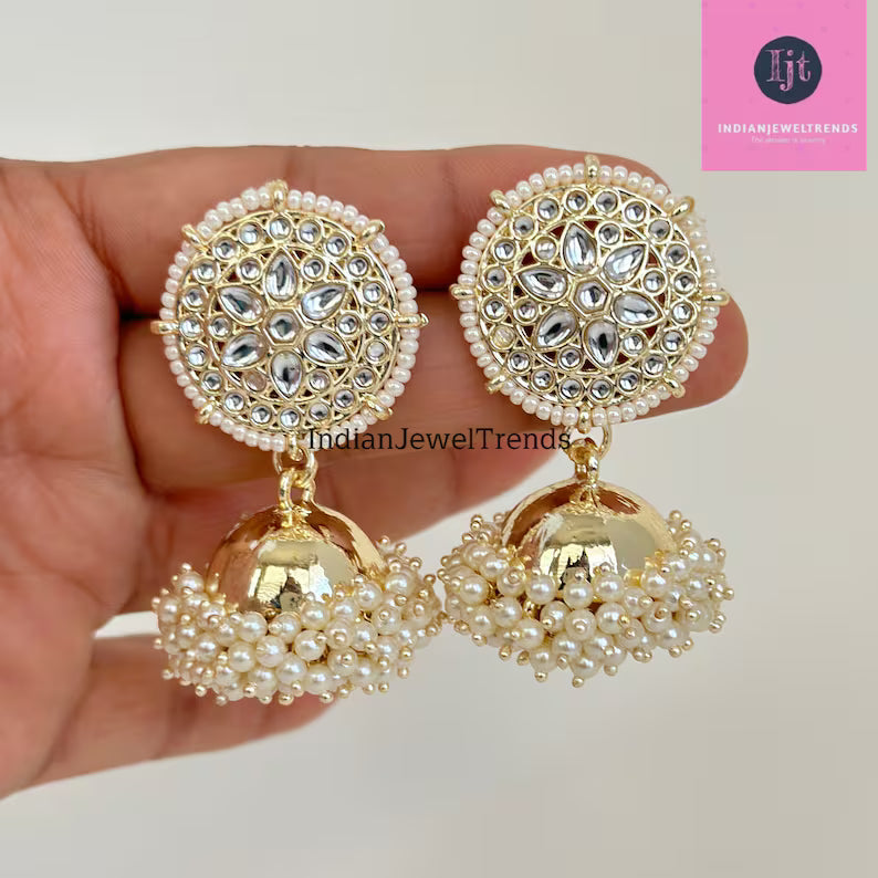 White Gold Pearl Jhumka with sahare/Punjabi Jewelry/Bollywood Jewelry/Gold Kundan Jhumkas/TrendyJhumka Earring/Indian Jewelry/Pakistani