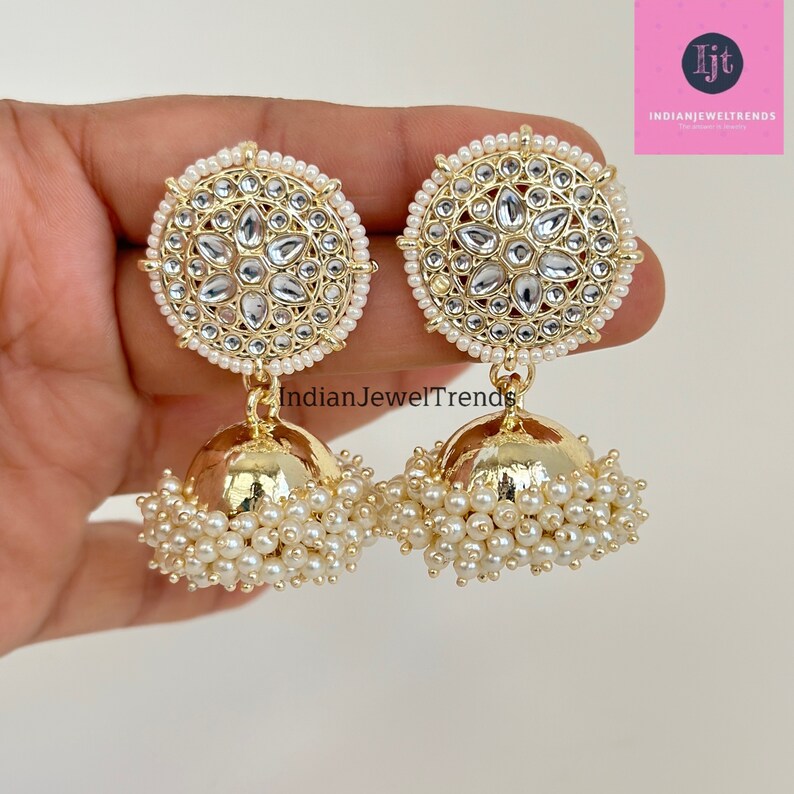 White Gold Pearl Jhumka with sahare/Punjabi Jewelry/Bollywood Jewelry/Gold Kundan Jhumkas/TrendyJhumka Earring/Indian Jewelry/Pakistani