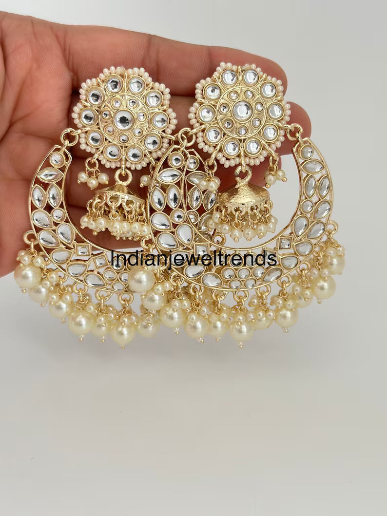 White gold Pearl Kundan chandbali Earrings, White chandbali earrings, Indian pakistani wedding jewelry, bridesmaid gift