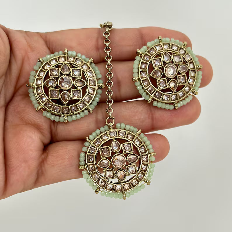 Clearance**Polki Kundan Tikka w/Earring Set/Indian Bridal Maang Tikka/Teeka/Tika Headpiece/Handmade Pearl Jewelry For Women ** Final Sale**