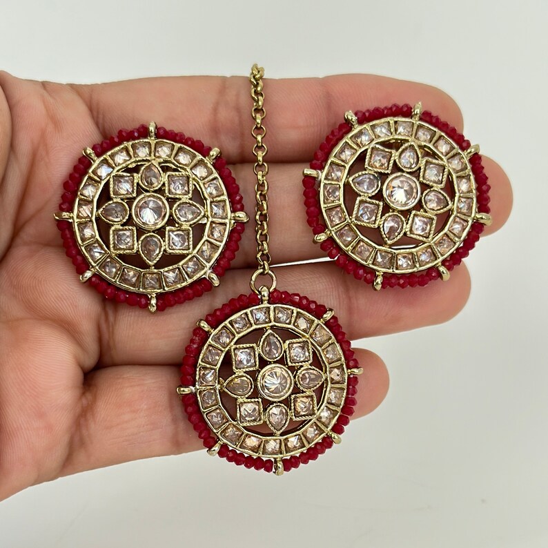 Clearance**Polki Kundan Tikka w/Earring Set/Indian Bridal Maang Tikka/Teeka/Tika Headpiece/Handmade Pearl Jewelry For Women ** Final Sale**