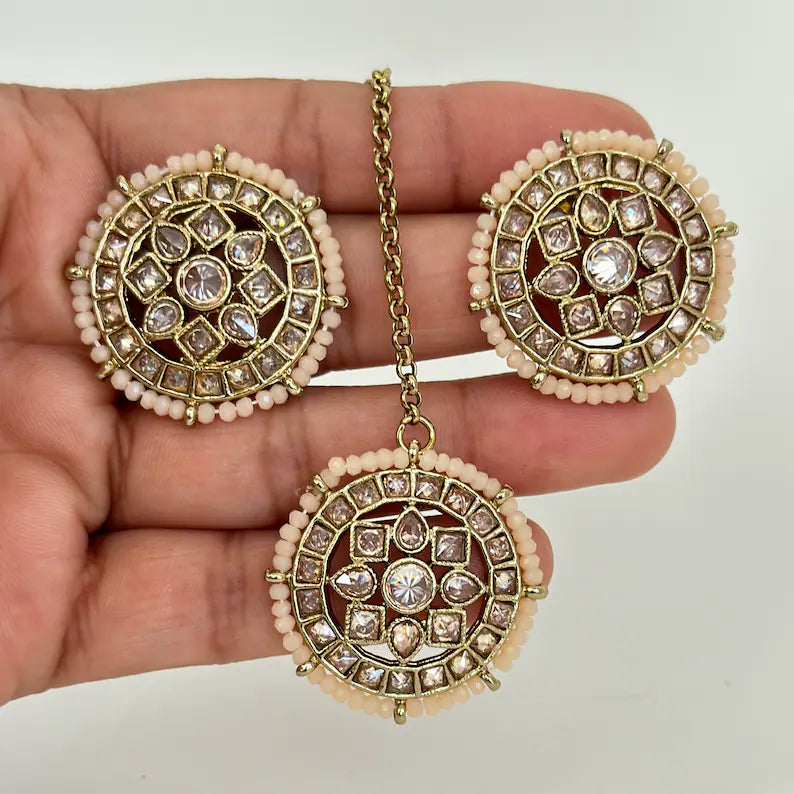 Clearance**Polki Kundan Tikka w/Earring Set/Indian Bridal Maang Tikka/Teeka/Tika Headpiece/Handmade Pearl Jewelry For Women ** Final Sale**
