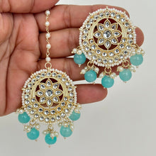Gold Kundan Tikka w/Earring Set/ Indian Bridal Maang Tikka /Teeka Tika Headpiece Handmade Pearl Jewelry For Women Bollywood Bridesmaid Gifts