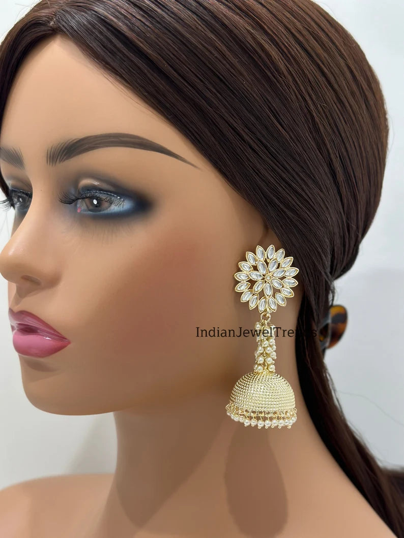 White Gold Pearl Jhumka/Punjabi Jewelry/Bollywood Jewelry/Gold Kundan Jhumkas/TrendyJhumka Earring/Indian Jewelry/Pakistani Jewelry
