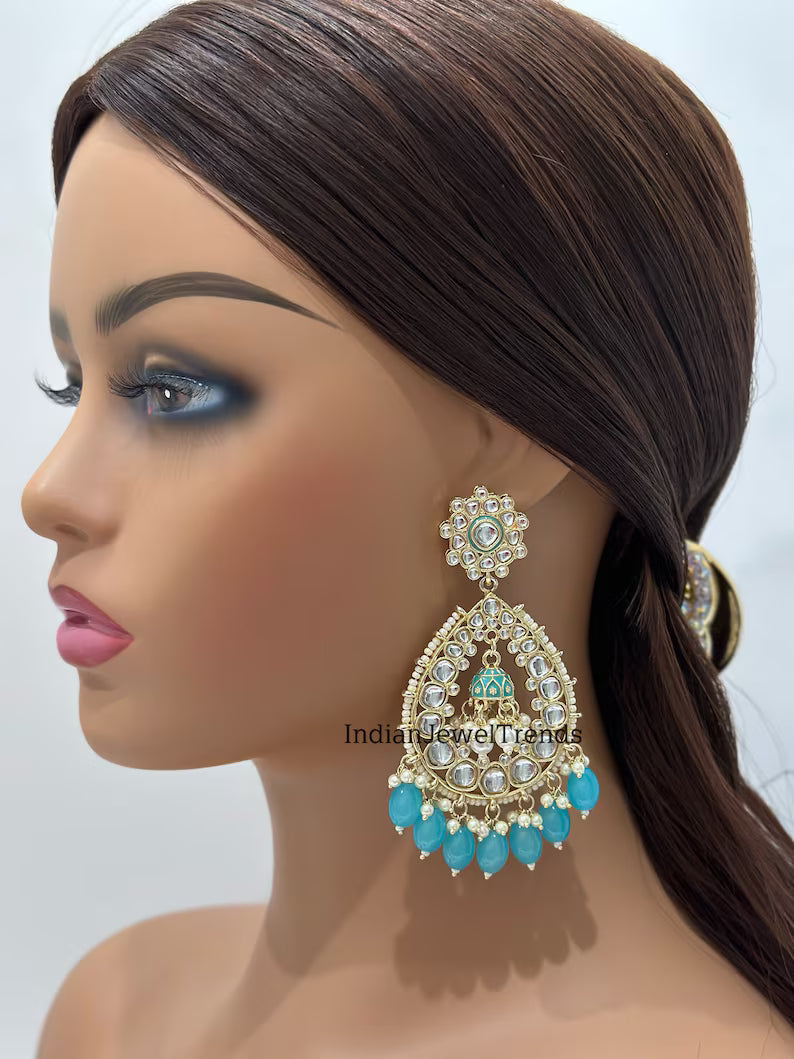 Bollywood Kundan Earrings/Indian Earrings/pearl Earring/Pakistani Earrings/Statement Earrings/Long chandelier/bridal earrings/Chaandbali