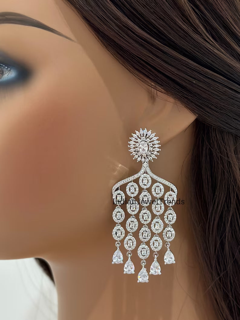 CZ diamond earrings, Silver diamond earrings, Cocktail earrings, Party wear jewelry, Indian pakistani jewelry for wedding