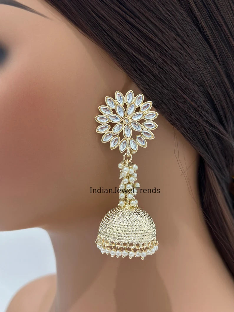 White Gold Pearl Jhumka/Punjabi Jewelry/Bollywood Jewelry/Gold Kundan Jhumkas/TrendyJhumka Earring/Indian Jewelry/Pakistani Jewelry