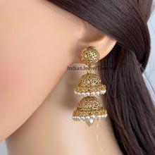 Gold plated jhumka/Double layered light weight Jhumka/Temple Jewelry/South Indian earrings/gold pearl jhumka/Traditional earrings/wedding