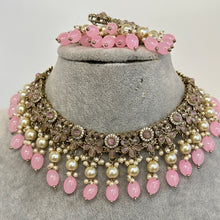 Pink Antique Polki Kundan Pearl Necklace with earrings and tikka, bridal necklace, Indian Pakistani Wedding Jewelry
