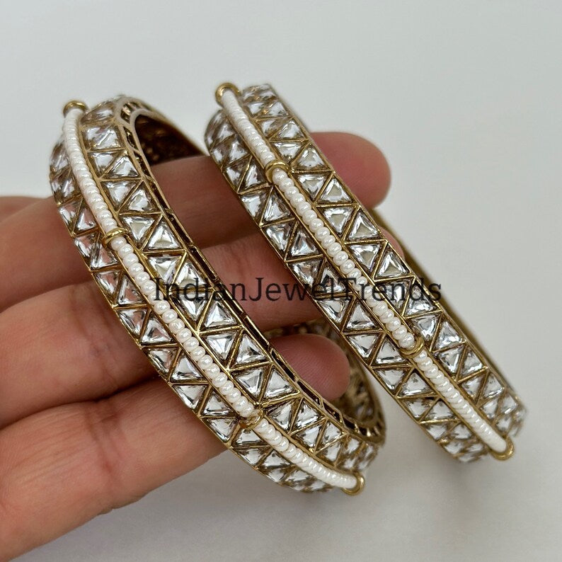 A pair of Bollywood Kundan Pearl Bangles Set(2 Pc)/Indian bangles/Punjabi Pearl bangles Set/Bridal bangles/wedding jewelry