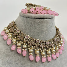 Pink Antique Polki Kundan Pearl Necklace with earrings and tikka, bridal necklace, Indian Pakistani Wedding Jewelry