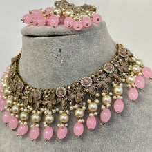 Pink Antique Polki Kundan Pearl Necklace with earrings and tikka, bridal necklace, Indian Pakistani Wedding Jewelry
