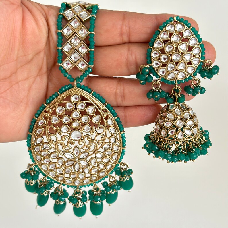 Antique finish Kundan Tikka w/Earring Set/Bridal Maang Tikka/Teeka Headpiece/Bridesmaid Gift/Pakistani/Punjabi/Jaggo/Sangeet/Indian wedding